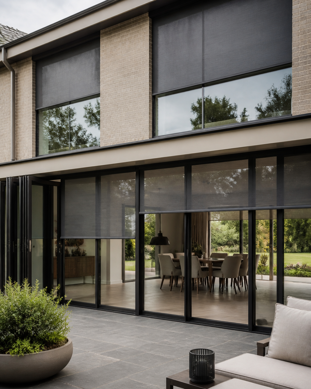 Exterior zip screens and roof blinds fitted on a modern home with large glass doors